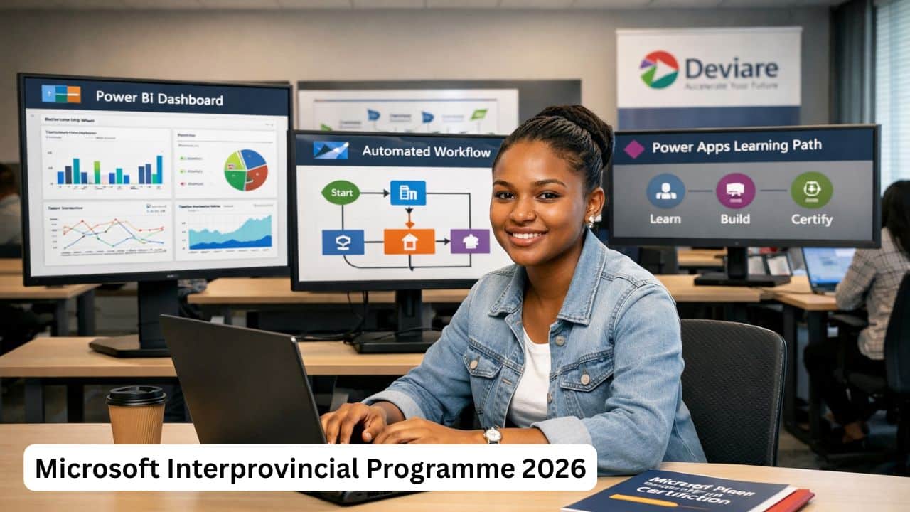 Young tech trainee studying Microsoft Power Platform during a digital skills programme