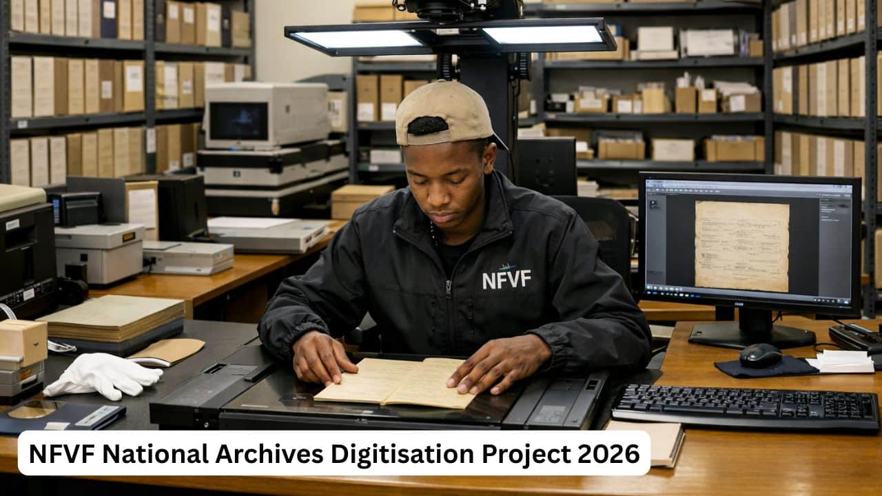 Young South African archive worker digitising historical records at the National Archives in Pretoria