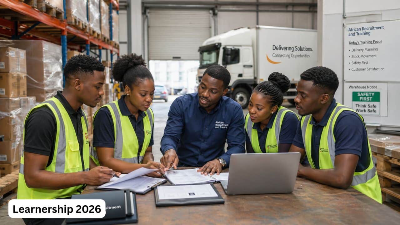Young South African logistics learners receiving workplace training in a warehouse environment.