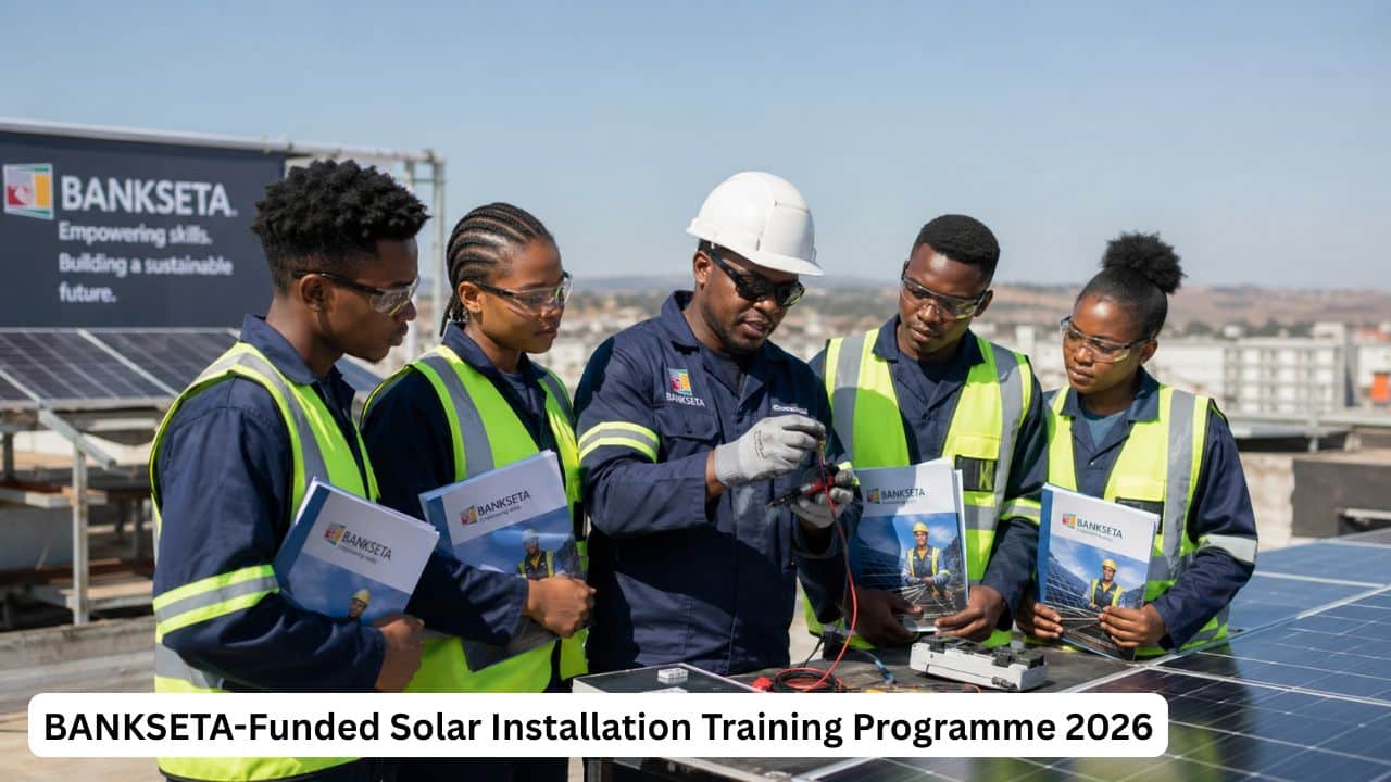 Young South African trainees learning solar panel installation during a renewable energy training programme.