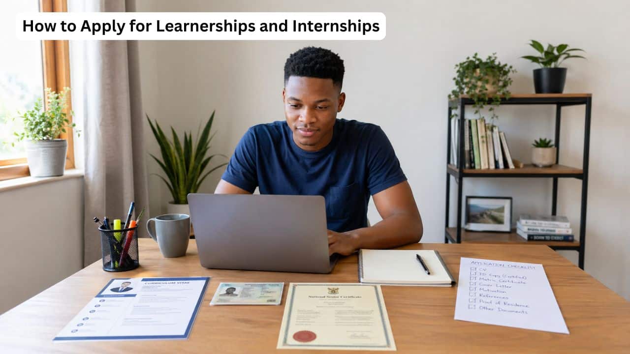 Young South African applicant preparing CV and documents for learnership and internship applications.