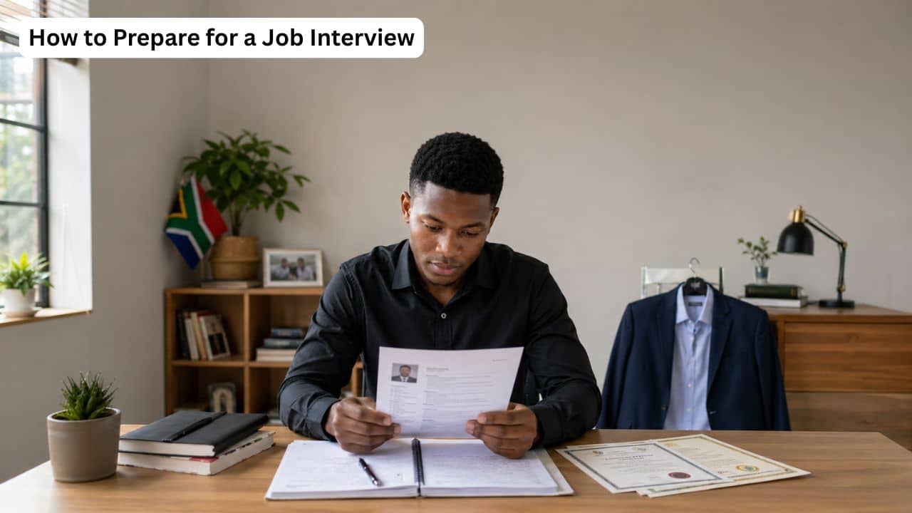 Young South African job seeker preparing documents and practising for a job interview.