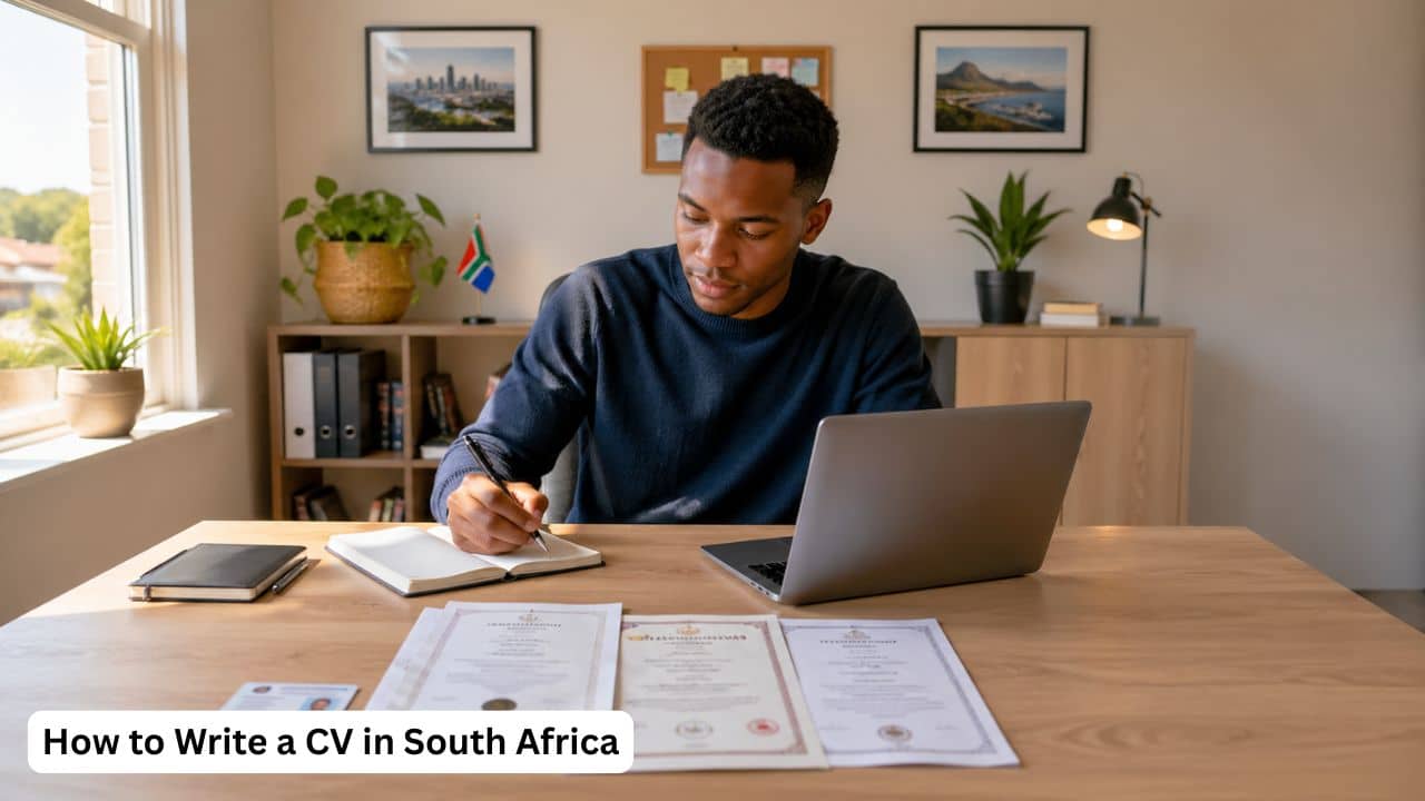 Young South African job seeker preparing a professional CV with certificates and application documents.