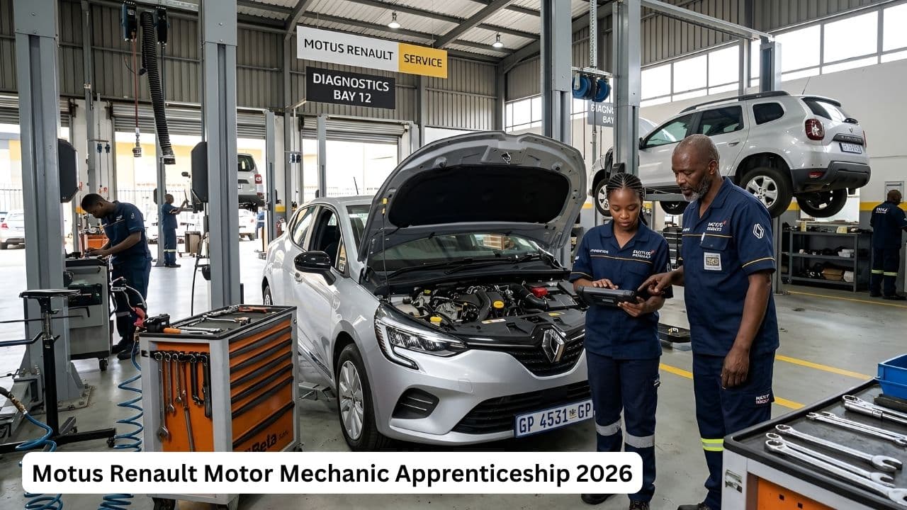 Young apprentice mechanic training in a Renault workshop during the Motus apprenticeship programme