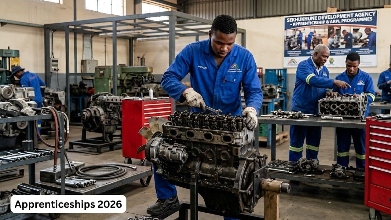 South African diesel mechanic apprentice working in a workshop for the Sekhukhune Development Agency merSETA 2026 programme