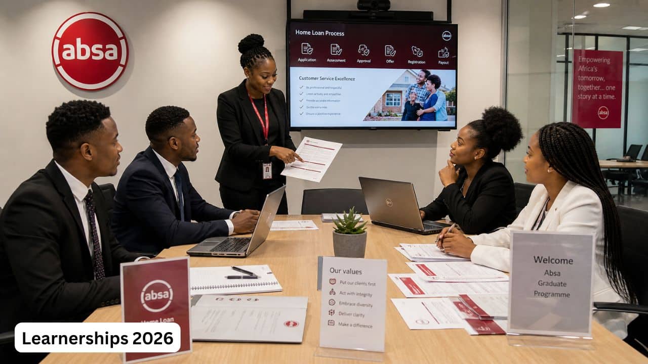 Young South African graduates receiving banking training during the Absa Home Loans Junior Learnerships 2026.
