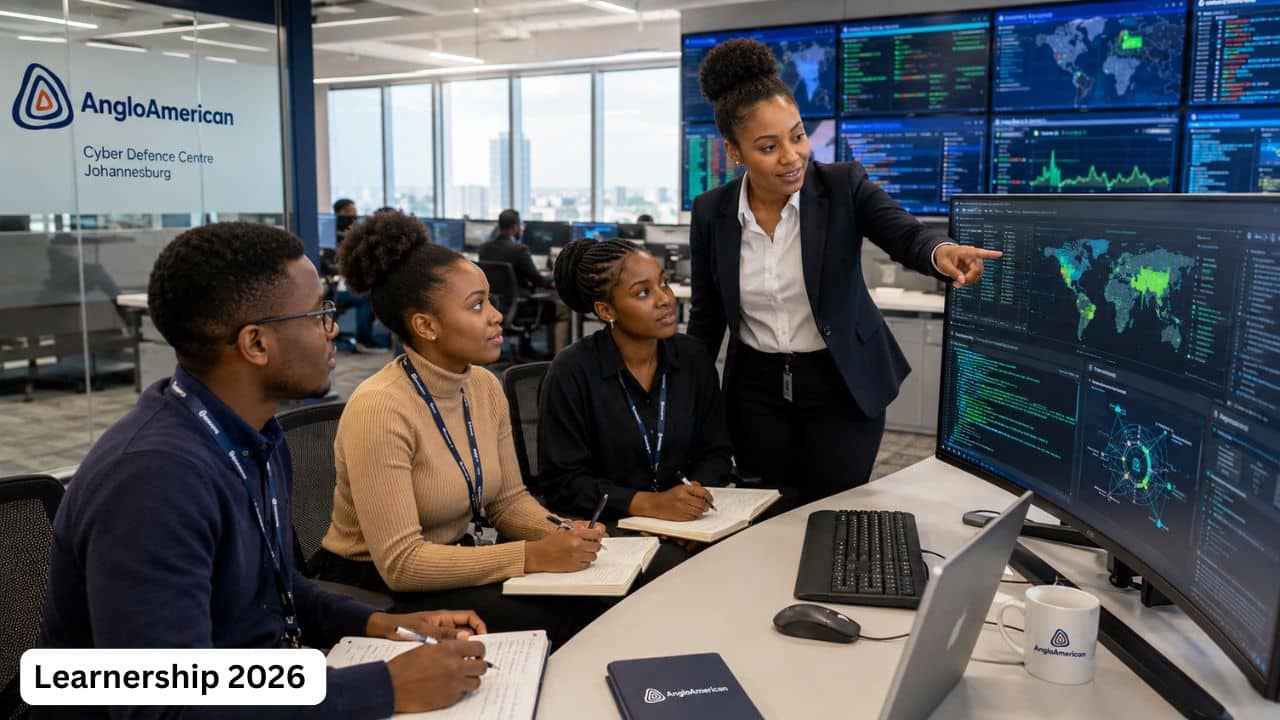 Young South African learners training inside Anglo American cybersecurity operations centre in Johannesburg