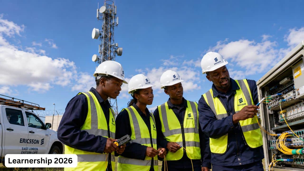 Young South African learners training at an Ericsson telecommunications tower site in East London