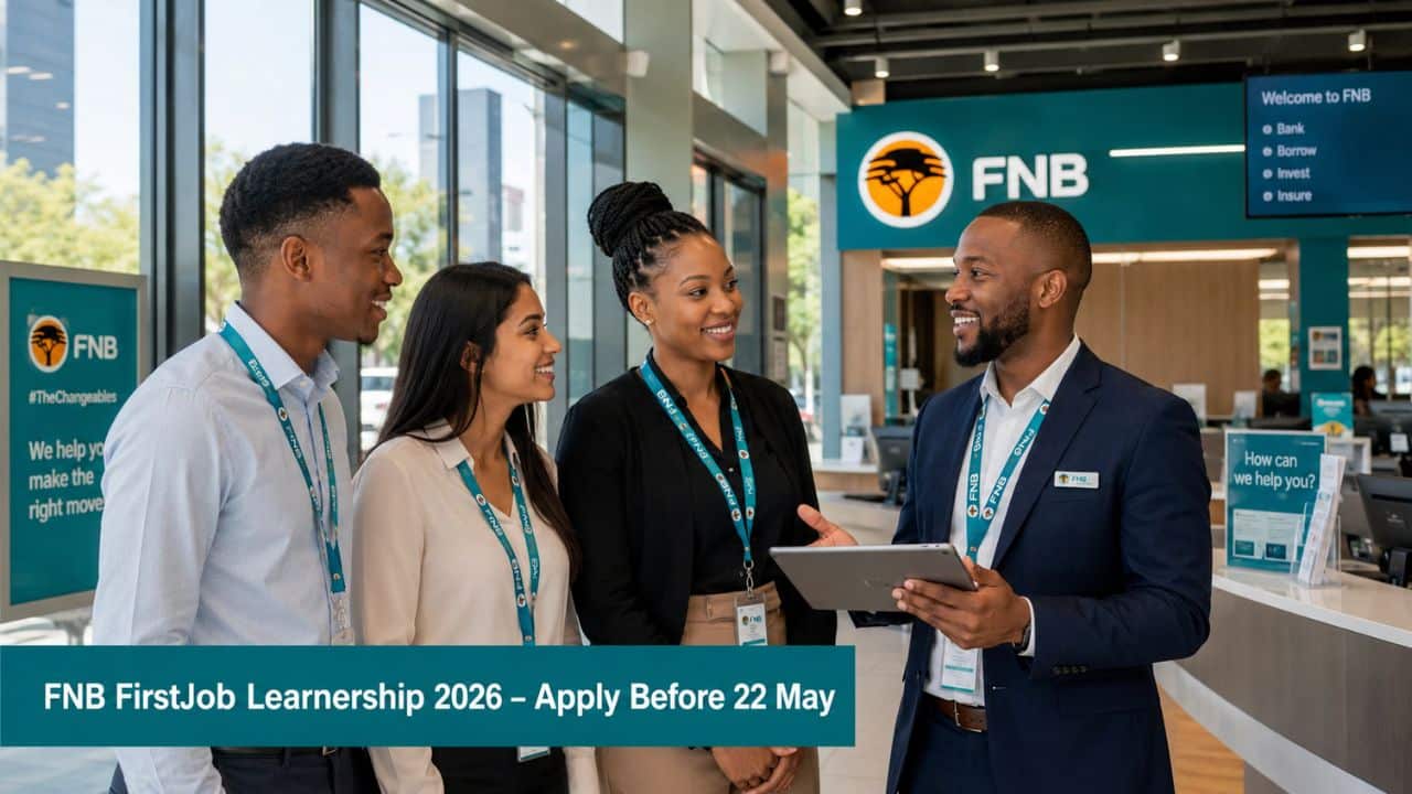 FNB FirstJob Learnership 2026 learners interacting with a mentor inside an FNB branch in Johannesburg