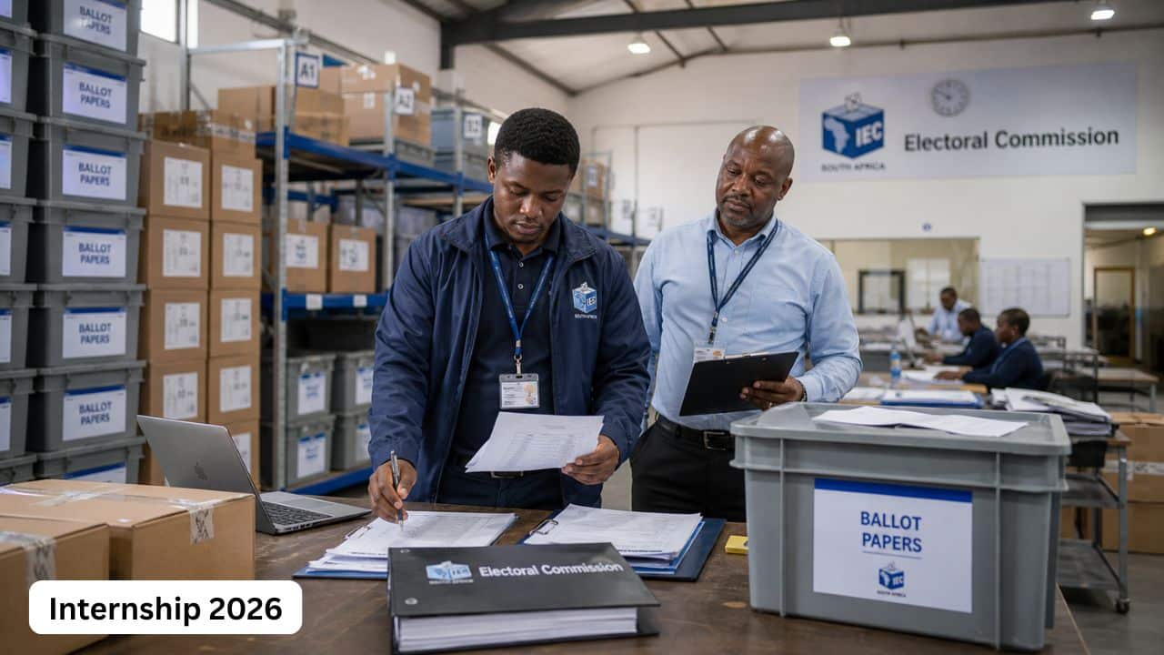 Young South African logistics graduate working in an Electoral Commission warehouse during the IEC Logistics Internship 2026.