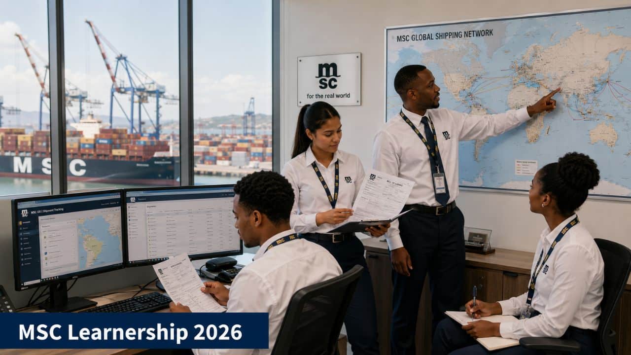 MSC Learnership 2026 trainees working in a maritime logistics office near the port with a senior mentor