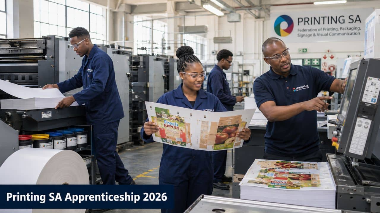 Printing SA Apprenticeship 2026 trainees working on industrial printing machinery with a senior mentor