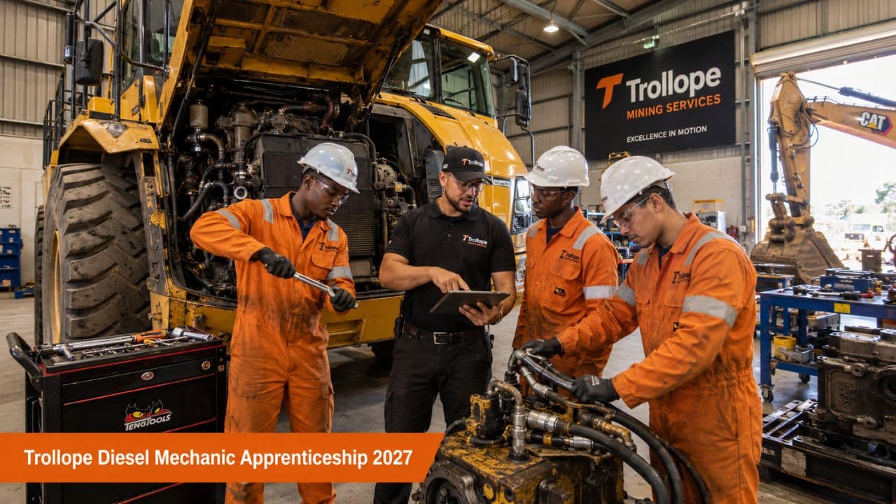 Trollope Diesel Mechanic Apprenticeship 2027 trainees working on heavy mining equipment with a senior artisan
