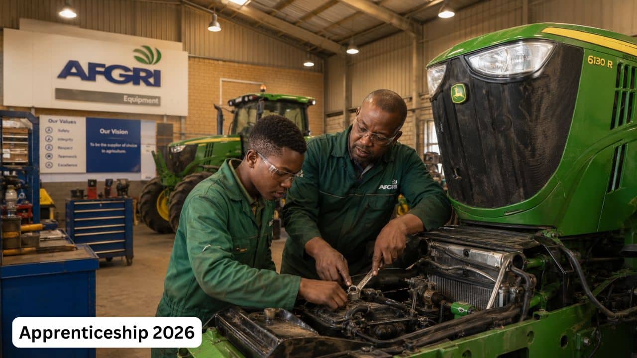 South African apprentice mechanic receiving hands-on tractor repair training during the AFGRI Equipment Apprenticeship programme