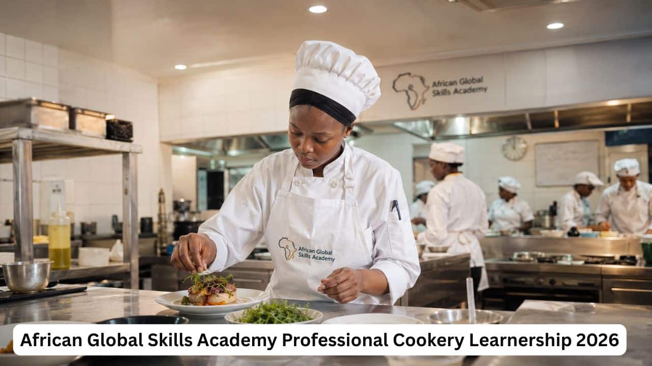 Young South African learner chef plating food during the African Global Skills Academy Professional Cookery Learnership 2026 in Johannesburg