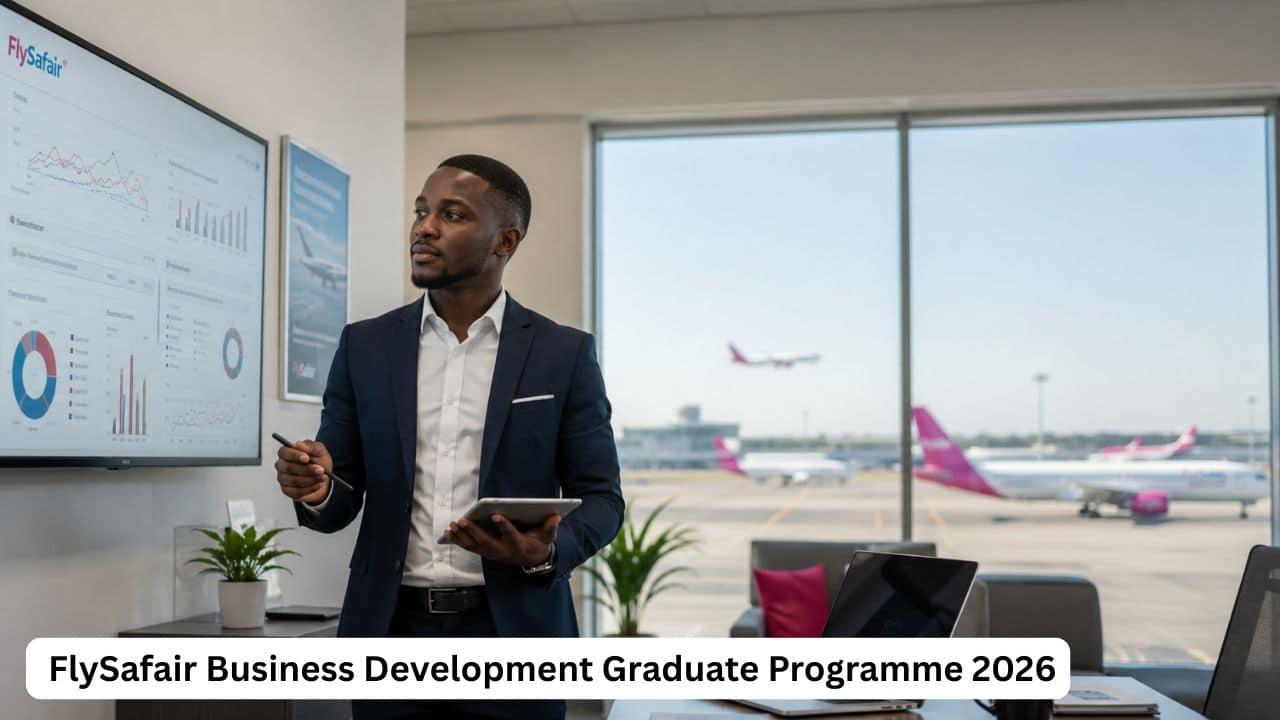 South African graduate in business attire working in a modern FlySafair commercial office with aircraft visible outside