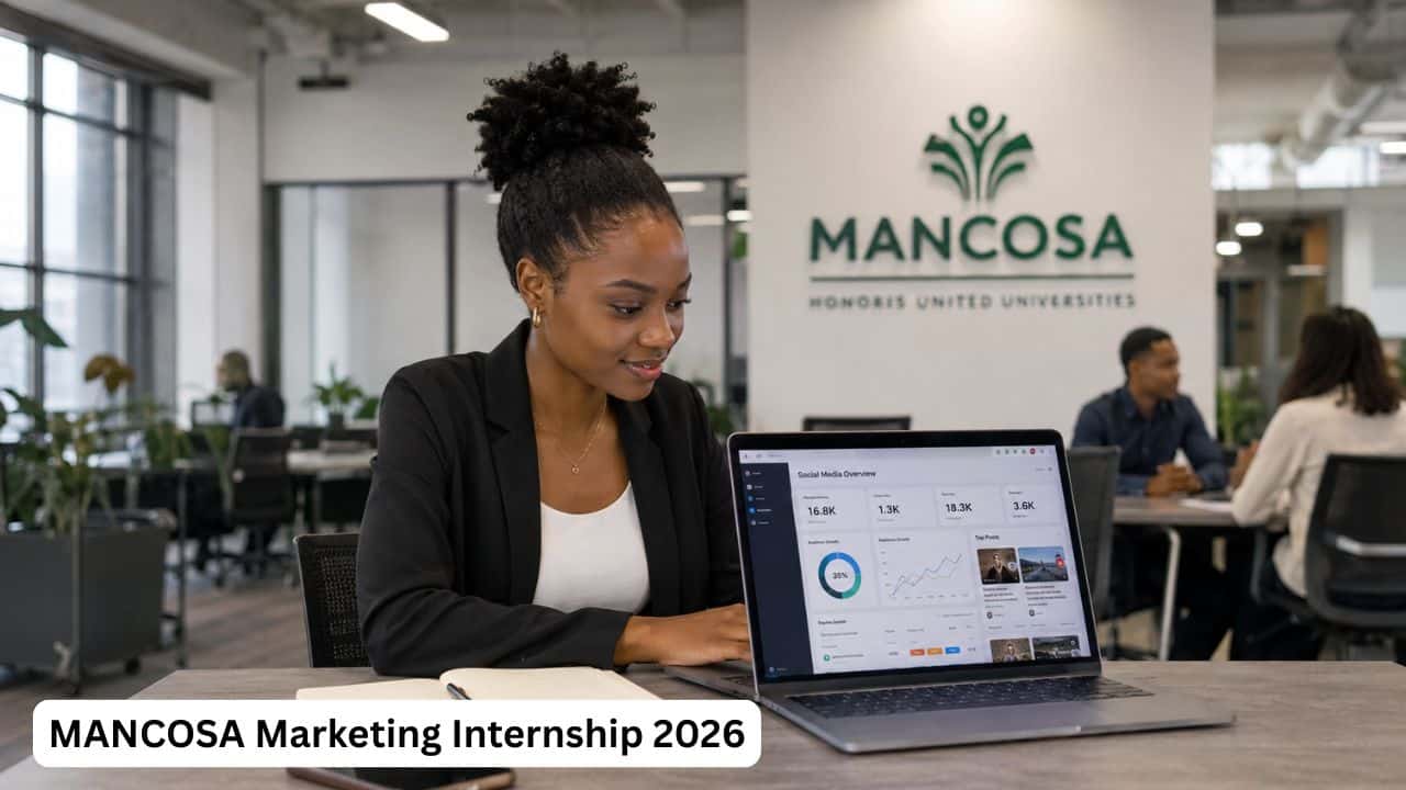 Young South African marketing intern working on social media content and analytics at a MANCOSA office during the Marketing Internship