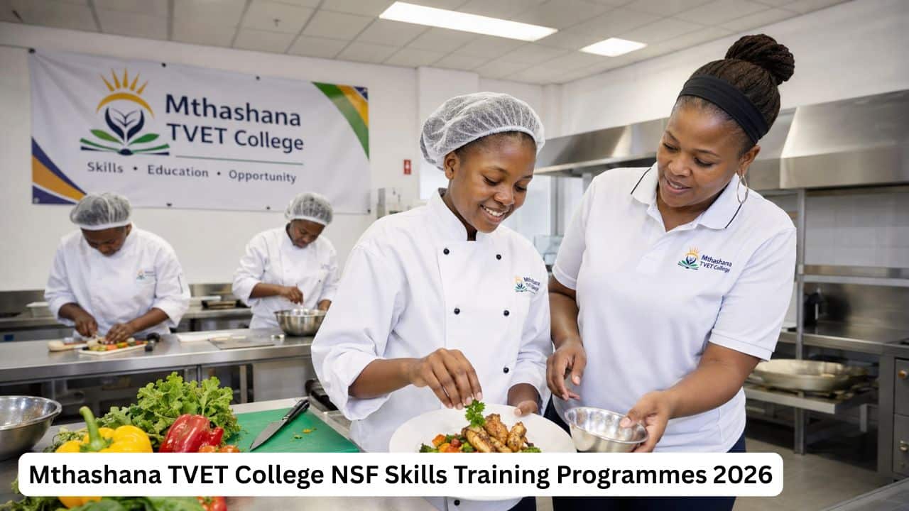 South African learner in chef whites preparing a meal during the Mthashana TVET College NSF-funded Food Preparation skills training programme