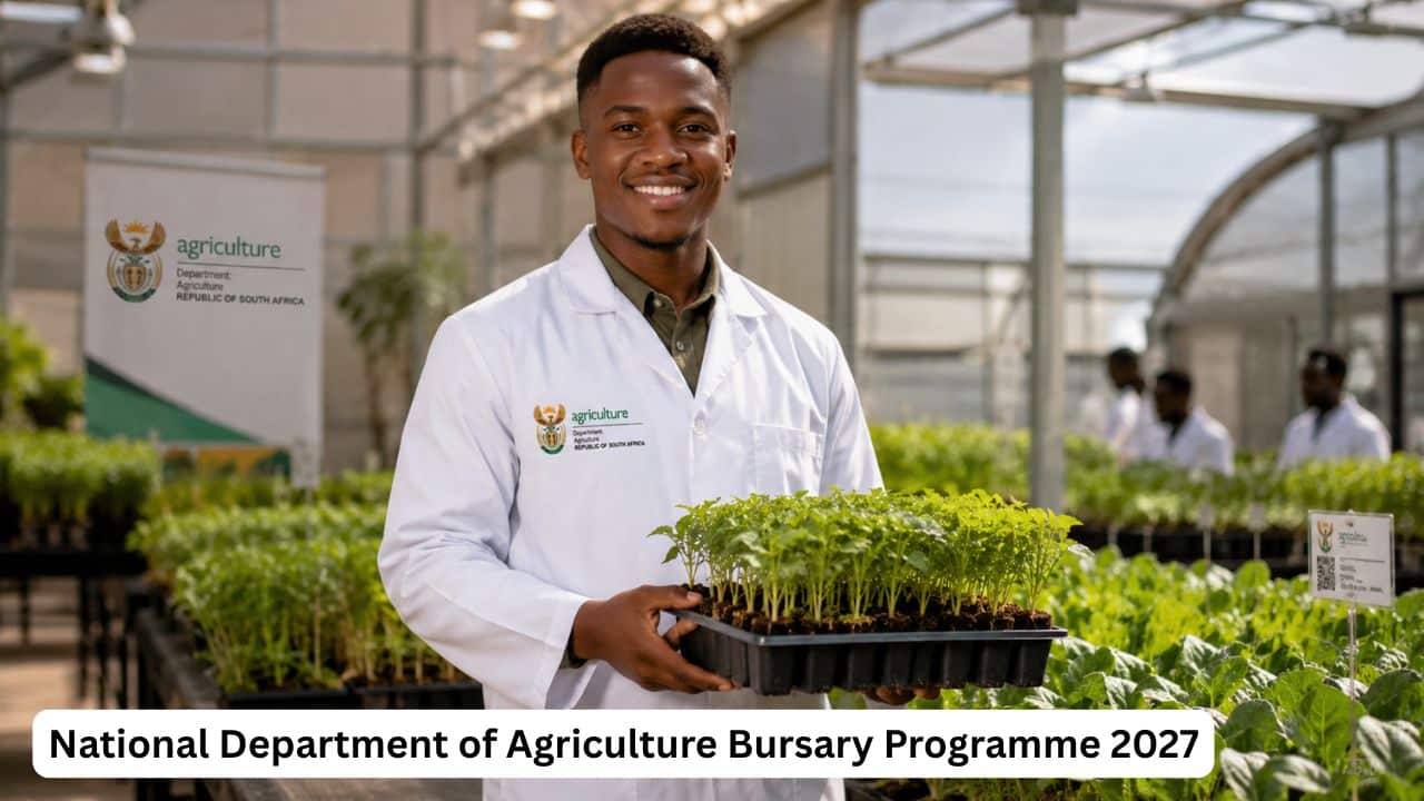 South African agricultural science student in a lab coat examining crops with farmland in the background