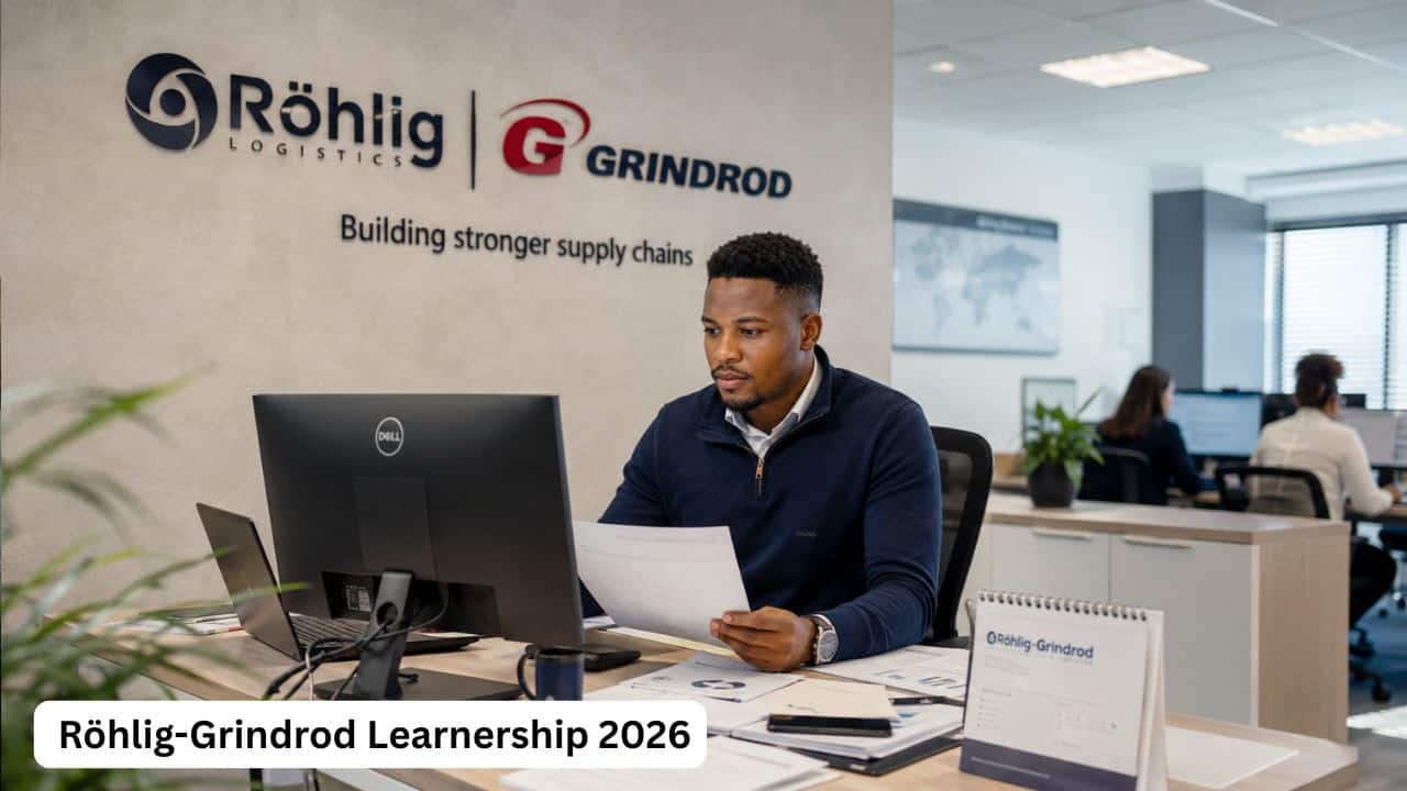 Young South African learner working at a computer in a Röhlig-Grindrod office during the 12-month Learnership Programme