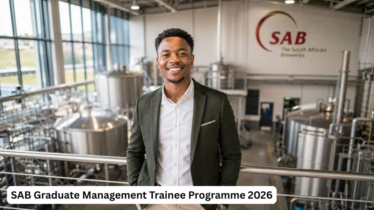 Young South African graduate standing in an SAB brewery facility as a Graduate Management Trainee in 2026