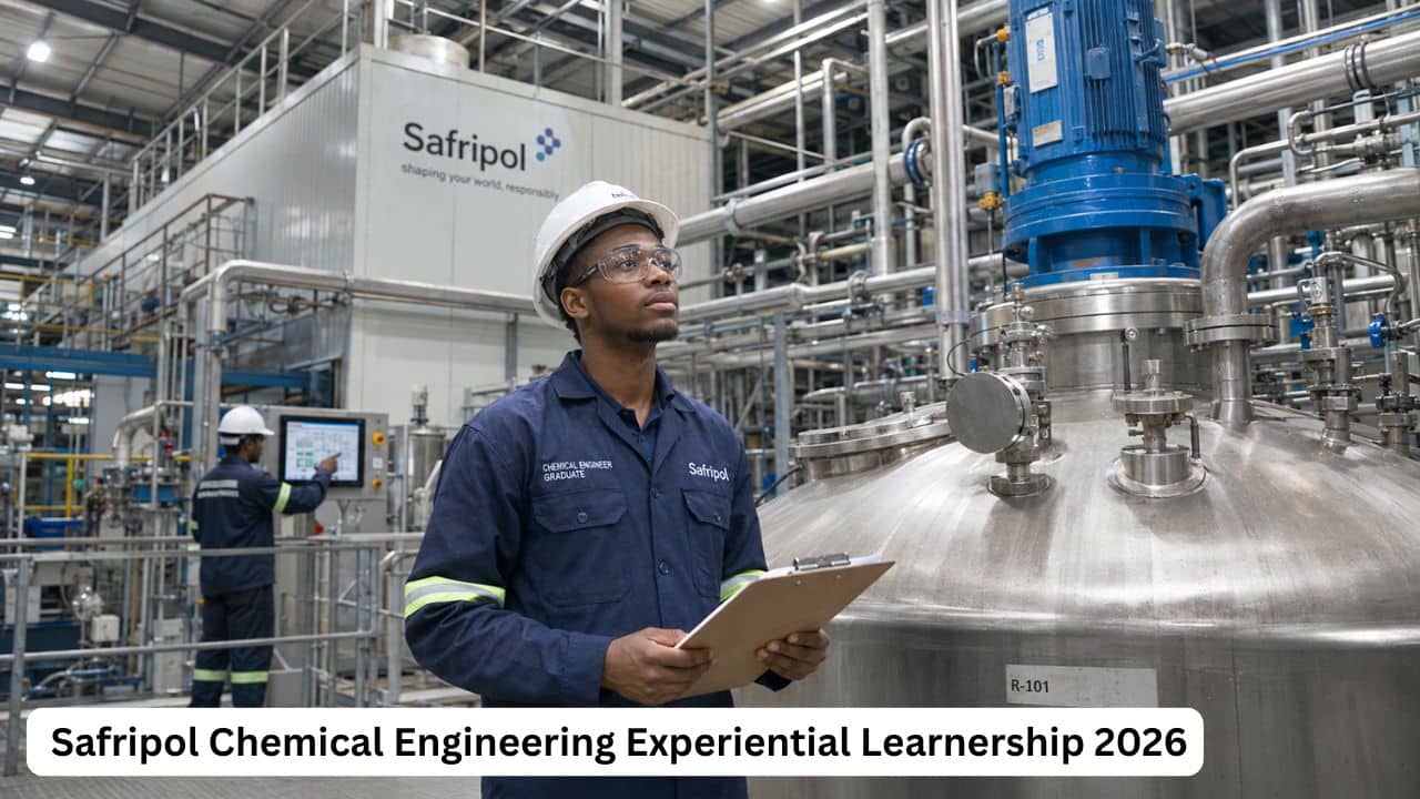 South African chemical engineering graduate in safety gear inside the Safripol polymer plant during the experiential learnership programme