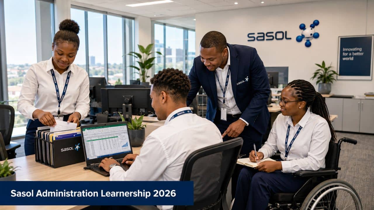 Sasol Administration Learnership 2026 learners working in a professional office environment with a senior mentor