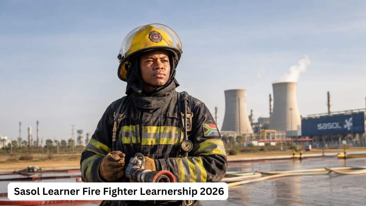Determined young South African Sasol Learner Fire Fighter trainee in protective gear at a Secunda training ground in 2026