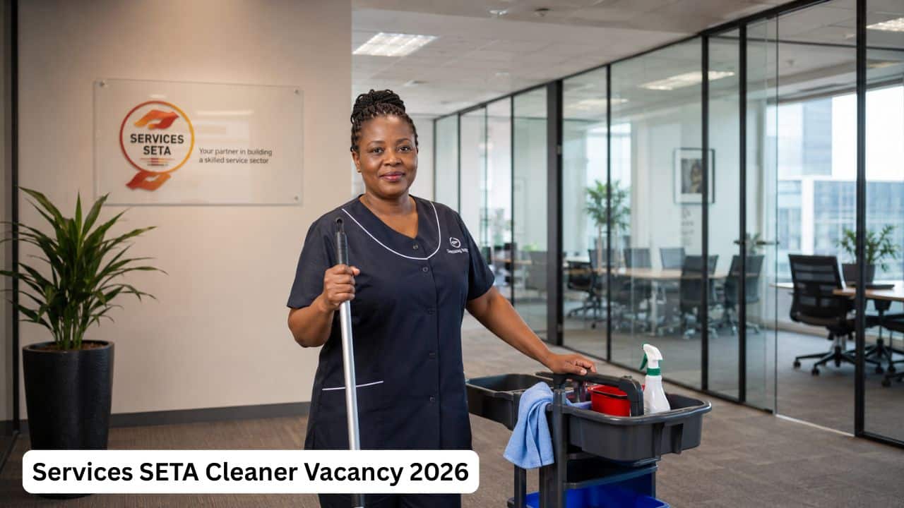 South African cleaner in uniform working in a modern Services SETA corporate office