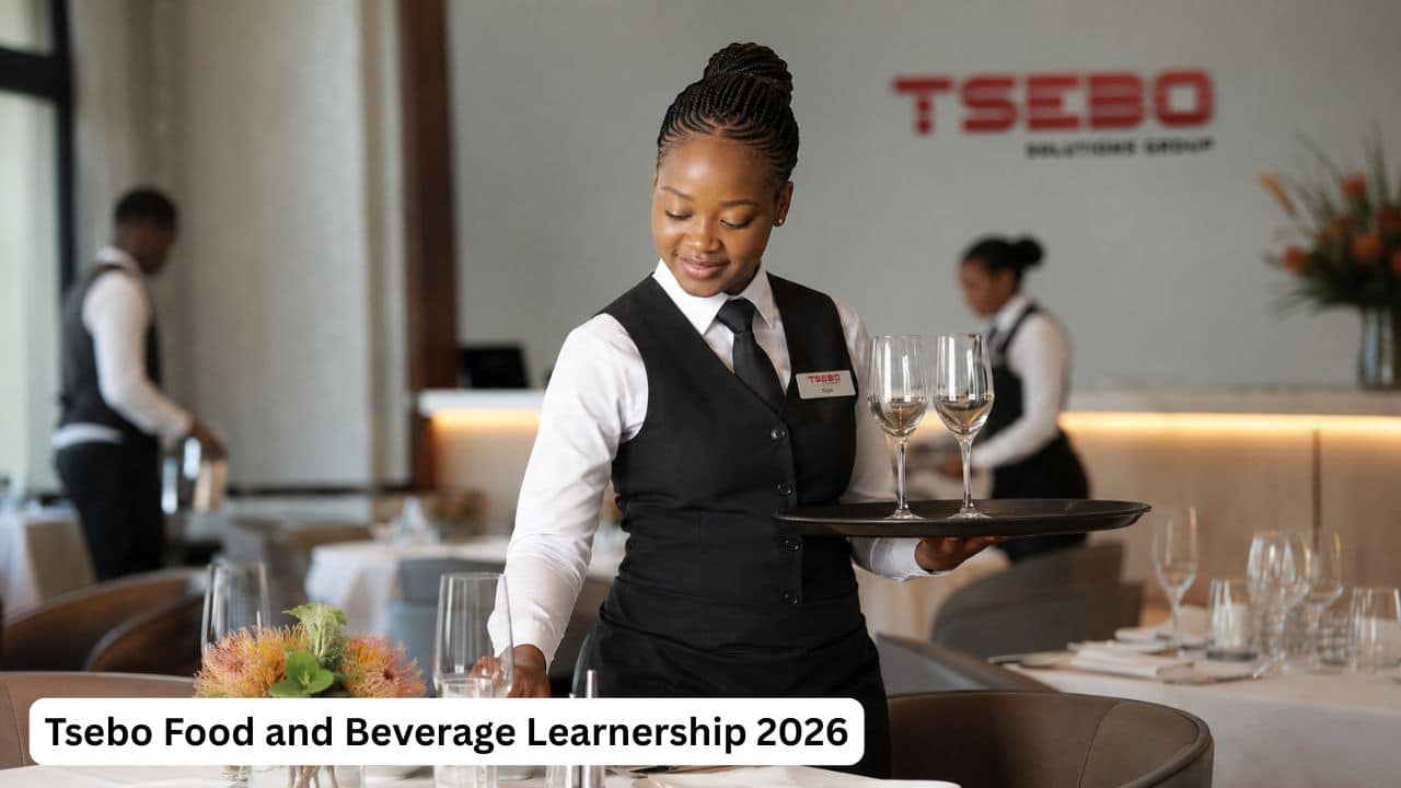 Young South African hospitality trainee serving at a table during the Tsebo Catering Food and Beverage Learnership