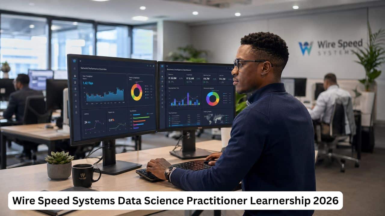 Young South African learner analysing data dashboards at a Wire Speed Systems workstation during the Data Science Practitioner Learnership